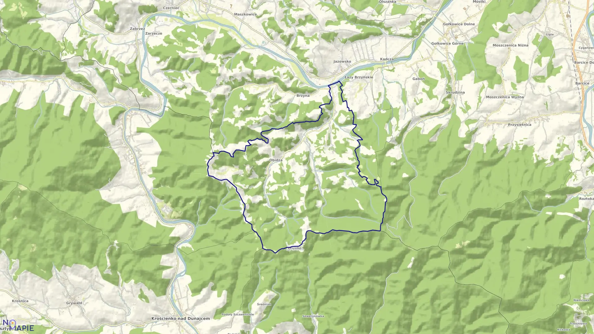 Mapa obrębu Obidza w gminie Łącko